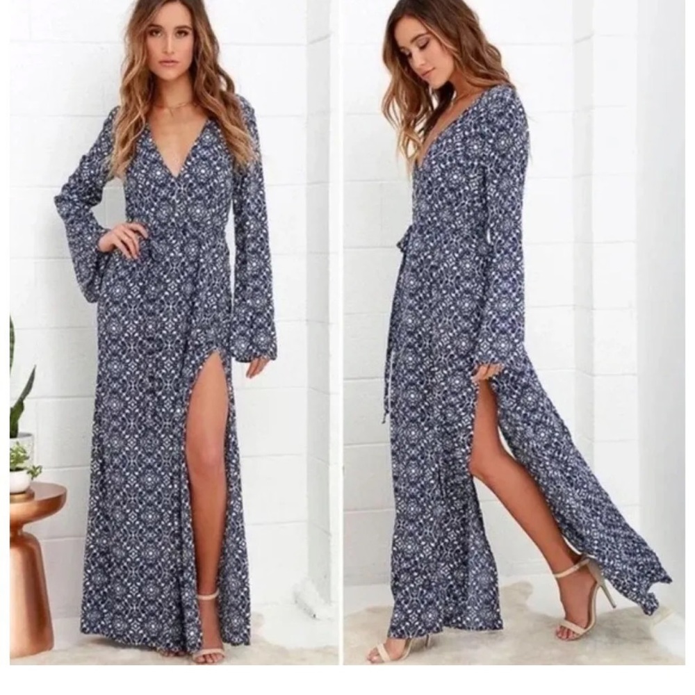 Lulus Long Sleeve Maxi Dress with Double Slit and Flared Sleeves
